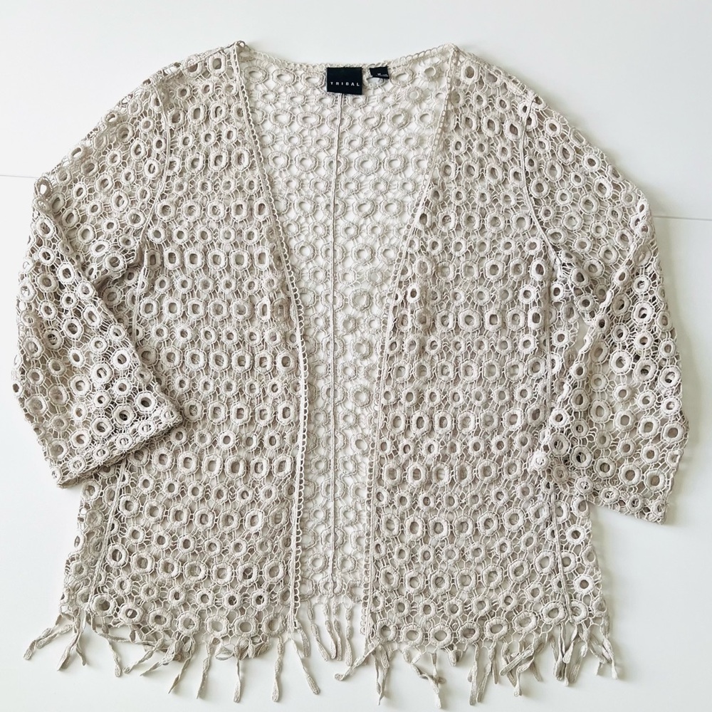 Tribal Beige Crochet Sweater With Hemline Fringe Size Medium